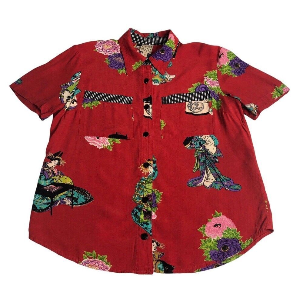 Vintage F. L. Malik Top Womens Small Red Geisha Floral Button Pocket Rayon USA‎